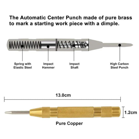 Automatic center punch showing internal components and dimensions with 13.0 cm length and 1.2 cm width, made of pure brass.