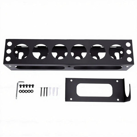 Caulking Gun Holder Wall Mount Rack With Storage For One Gun Six Tubes And Six Nozzles, iron construction, mounting hardware visible