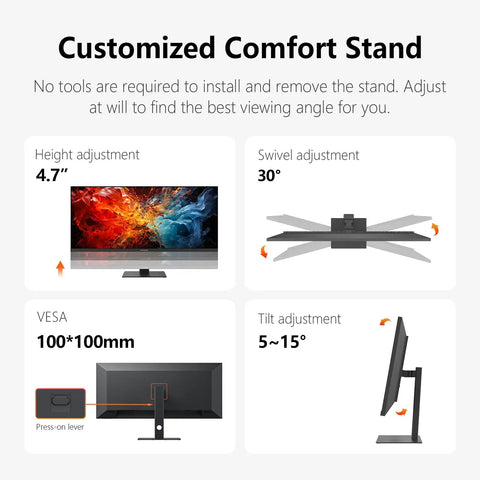 Customization options for 40 Inch 5K Ultrawide Monitor For Laptop 21:9, 100Hz IPS Display include height, swivel, VESA, and tilt adjustments.