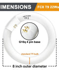 Circular T9 bulb with G10q 4 pin base, dimensions highlighted, 8 inch outer diameter, labeled 22W T9 3000K, standard shape
