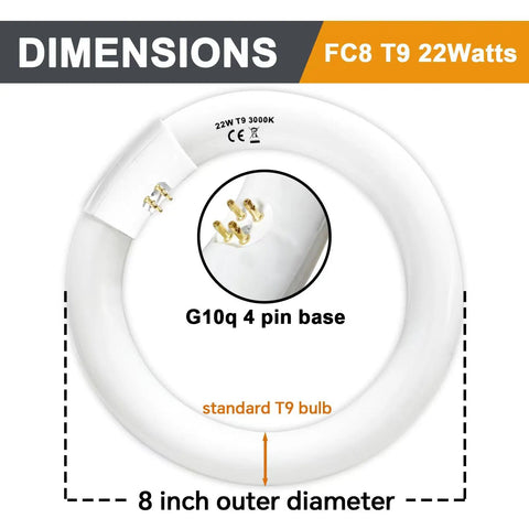 Circular T9 bulb with G10q 4 pin base, dimensions highlighted, 8 inch outer diameter, labeled 22W T9 3000K, standard shape