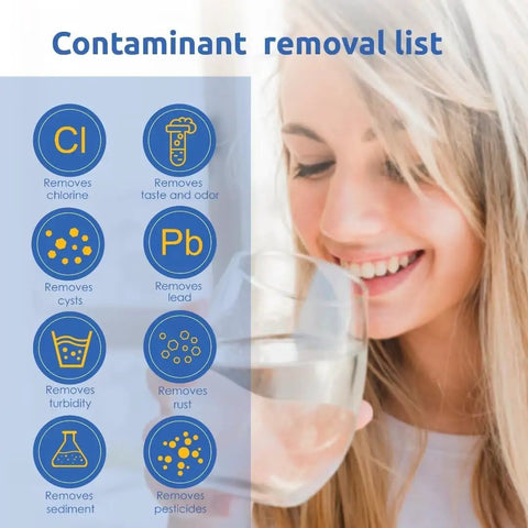 Woman drinking water with contaminant removal list; Water Filter Replacement Pack Of 3 For Frigidaire PureSource Ultra II EWF02 Systems
