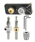 Rugged Aluminum Drill Guide For Frame Assemblies And Cabinet Joinery, Straight Bore Hole Positioner With Scale, Precision Drilling Jig, Go To Bench Mount Aid, Durable Anodized Tool For Cabinetry And Construction Tasks, showing parts included.
