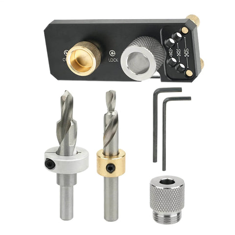 Rugged Aluminum Drill Guide For Frame Assemblies And Cabinet Joinery, Straight Bore Hole Positioner With Scale, Precision Drilling Jig, Go To Bench Mount Aid, Durable Anodized Tool For Cabinetry And Construction Tasks, showing parts included.