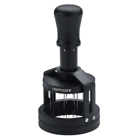 Top Shelf 58mm Espresso WDT Tool Featuring 16 Concentric Needles And Rock Solid Magnetic Base For Hella Even Puck Distribution Adjustable Depth Coffee Needle Stirrer Totally Nailing Shots Daily, black, top view.
