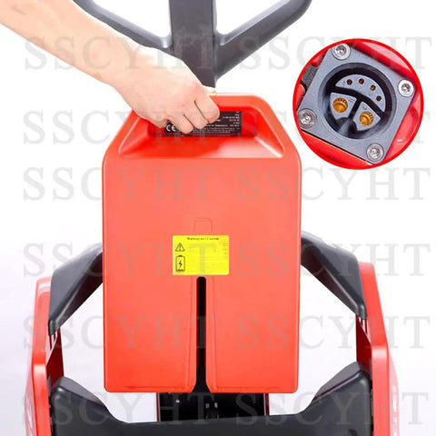 Upgrade Your PTE20N Electric Pallet Jack With This Rock Solid 48V 20AH LiFePO4 Lithium Battery Pack Featuring Compact 378X280X75mm Design And Easy Six Pin Charging Port For Max Range. Image shows user connecting six pin charger to pallet jack.