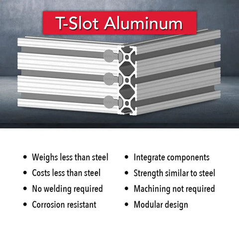 Stack of 10 Series 1 Inch By 3 Inch T Slotted Aluminum Extrusion For DIY Linear Rail And Frame Projects, with product benefits listed.