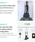 Huge Electric Hand Truck Stair Climber With Brushless Motor Makes Moving Heavy Luggage And Gear Super Easy For Travel Or Shopping Without Any Sweat So You Save Your Back On The Go with 24kg weight shown in use.