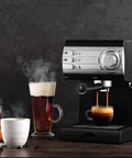 Top Shelf Semiautomatic Espresso Maker With A Mean 20 Bar Pump And Sleek Milk Frother pouring espresso with cups and coffee.