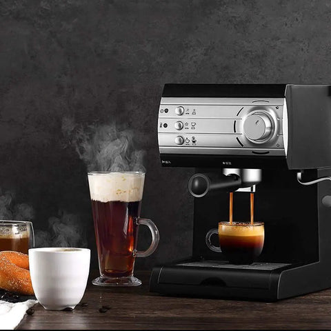 Top Shelf Semiautomatic Espresso Maker With A Mean 20 Bar Pump And Sleek Milk Frother pouring espresso with cups and coffee.