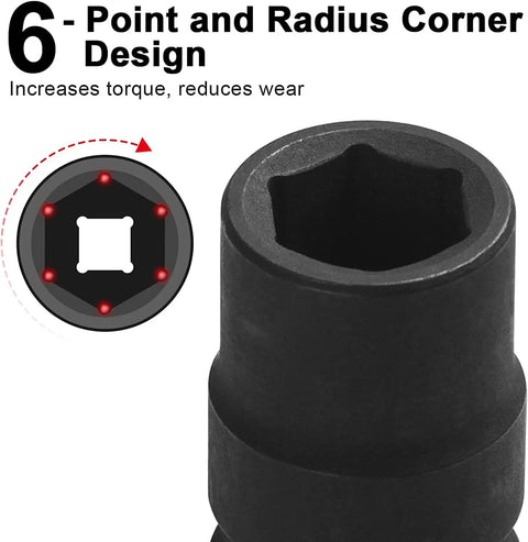 6-point design of Heavy Duty 3/8 Inch Drive 10mm Deep Impact Socket With Tough As Nails Chrome Moly Steel and Snug Six Point Metric Head.