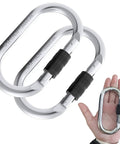 Beefy Heavy Duty Steel Carabiner Clip Set Rated 25kN 5600lbs For Rigging Ropes Hammocks And More Multipurpose Climbing Gear 2 Pack shown in hand
