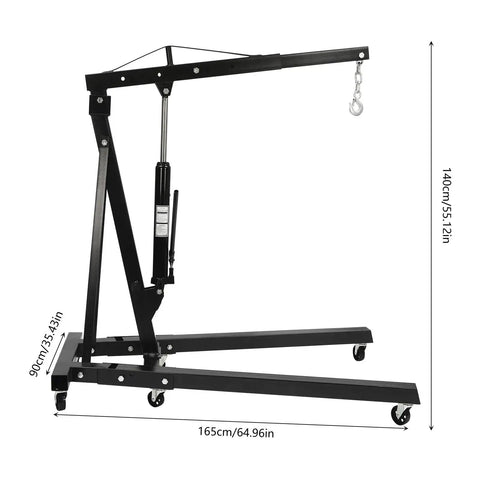 Built Like A Tank 2 Ton Folding Engine Hoist Crane With Six Swivel Casters showing dimensions 140cm and 165cm, made of heavy-duty carbon steel.