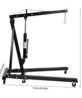 Heavy Duty 2 Ton Folding Engine Hoist Featuring Six Universal Caster Wheels That Roll Slick And Handle Big Automotive Loads Without Breaking A Sweat For Daily Shop Work, shown in black steel with dimensions.