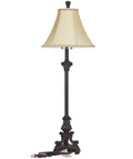 Antique Style Polystone Buffet Table Lamp With Tassel Pull Chain In Bronze Finish 31 Inches Tall Features A Carved Pedestal Base Beige Soft Silk Bell Shade With Corded Trim For Old School Room Glow.