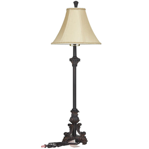 Antique Style Polystone Buffet Table Lamp With Tassel Pull Chain In Bronze Finish 31 Inches Tall Features A Carved Pedestal Base Beige Soft Silk Bell Shade With Corded Trim For Old School Room Glow.