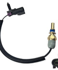 Radiator coolant temp sensor pigtail with inline harness; brass sensor with blue seal and gray boot.