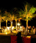 JUDYSSY Outdoor Solar Flood Lights illuminating a night garden party with palm trees and guests gathered around tables.