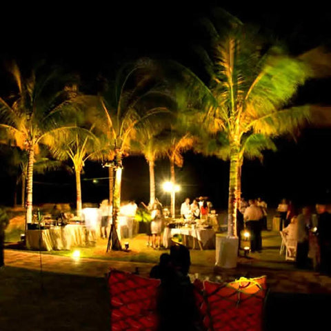 JUDYSSY Outdoor Solar Flood Lights illuminating a night garden party with palm trees and guests gathered around tables.