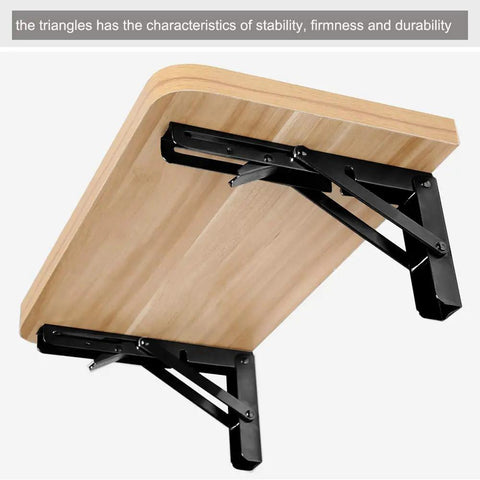Black Powder Coated Folding Shelf Brackets 10 Inch Heavy Duty Metal Collapsible Shelf Brackets For Bench Table And Wall Mount Space Saving DIY Hinge Max Load 260 Lb 2 Pack supporting wooden table