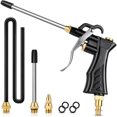 Go-To High Volume Air Blow Gun with brass adjustable nozzle, 13.7 inch extension hose, steel extensions, universal pneumatic tool