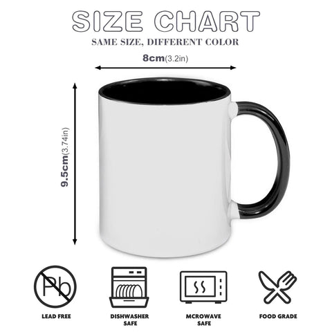Set Of 9 White Ceramic Sublimation Mugs With Black Inner And Handle size chart, 3.2in diameter, 3.74in height, dishwasher safe.
