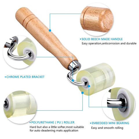 Front view of LUMITECO auto car sound-deadening roller with wooden handle, chrome brackets and PU roller