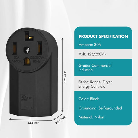 Heavy-Duty NEMA 14-30R Receptacle, 30A 125/250V, 3-Pole 4-Wire Surface Mount for Electric Ranges and Ovens, Black