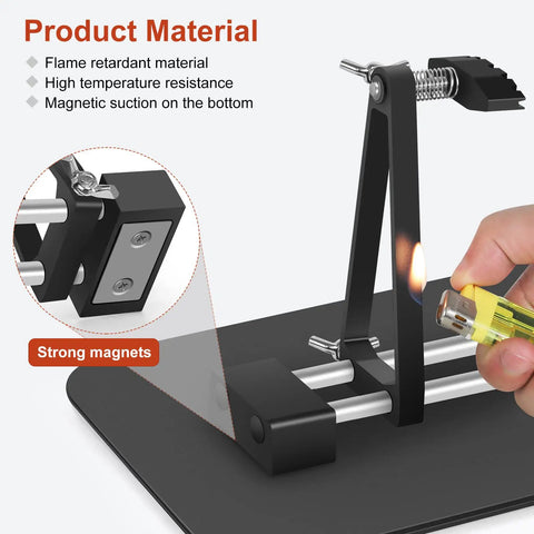 Magnetic Circuit Board Holder With Gooseneck Arms Adjustable 360 Degree Flip showing flame retardant, high temp resistance material.