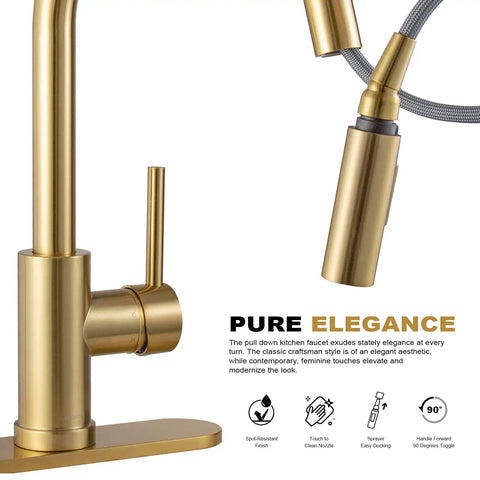 Brushed Gold Kitchen Faucet With Pull Down Sprayer Solid Brass Construction Single Hole Mount With Deck Plate One Handle No Fuss Setup Reach Technology And Flexible Swivel Hose For Easy Sink Access