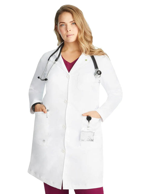Woman wearing Women's White Lab Coat With Five Pockets Moisture Wicking Two Way Stretch Relaxed Full Length Fit For Doctors And Researchers