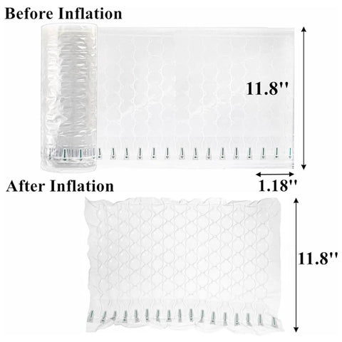 Bubble Cushioning Wrap For Packing 11.8x164 Ft With Pump, inflatable air pillows before and after inflation, with size dimensions.