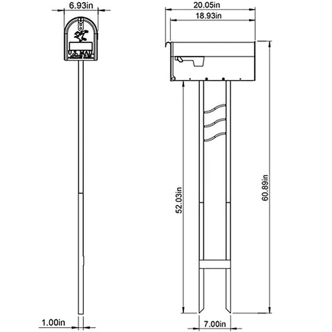 Diagram of Weather Resistant Steel Mailbox With Post For Outside Use White Medium Curbside Style dimensions and specifications