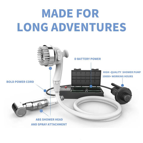 Portable Camping Shower Pump Powered By Four D Batteries, 0.66 Gallons Per Minute Flow, Eight Foot Hose Reaches Every Corner display
