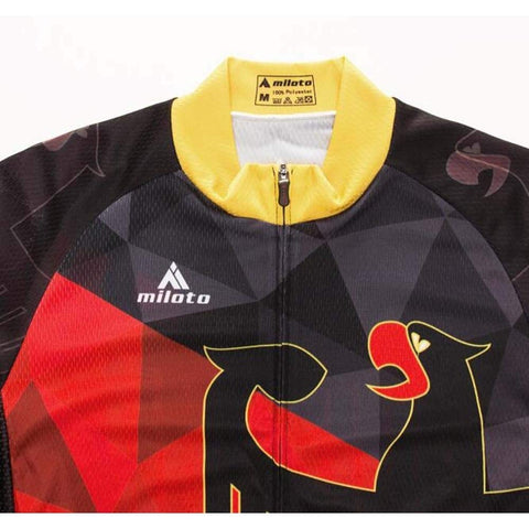 Black and red cycling jersey with colorful abstract design and 'miloto' branding on the front.