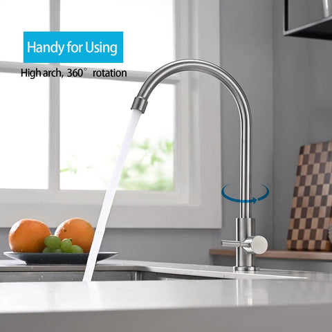 A Total Game Changer For Your Modern Kitchen Or Home Bar With This Dependable Cold Water Only Faucet Finished In Smooth Brushed Nickel And Built Darn Tough From Pure Food Grade 304 Stainless Steel, featuring a 360-degree swivel and flowing water.