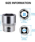 Dimensions of 5-Piece 19mm Shallow Sockets Set With Three Eighths Inch Drive, showing 6-point and radius-corner design details.