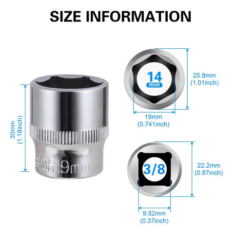 Dimensions of 5-Piece 19mm Shallow Sockets Set With Three Eighths Inch Drive, showing 6-point and radius-corner design details.