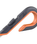 Slice box cutter with ceramic blade, gray body and orange grip, front view