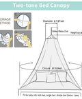 Diagram of Lace Bed Canopy With Warm Lights For Kids Bedroom Dreamy Princess Mosquito Netting shows dimensions and storage method.