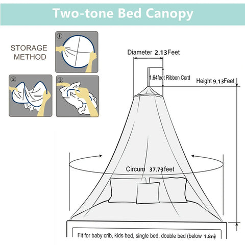 Diagram of Lace Bed Canopy With Warm Lights For Kids Bedroom Dreamy Princess Mosquito Netting shows dimensions and storage method.