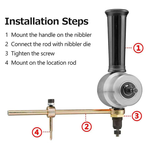 Installation guide for Beefy Heavy Duty Double Headed Metal Nibbler Cutter with 360 degree rotating cutting heads.