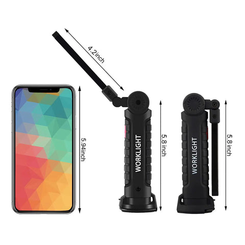 Size comparison of rechargeable LED work light with magnetic base and hanging hook alongside smartphone for scale.