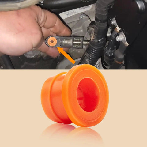 Shift Linkage Bushing Repair Kit For Ford Fusion And Lincoln MKZ 2013 To 2020 Transmission Shift System Fault Fix Premium Durable Plastic Construction Ensures Smooth Shifts And Reliable Performance installed in engine bay and close-up of orange bushing