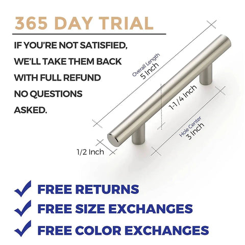 Product specifications for 5 Inch Brushed Nickel Cabinet Pulls Stainless Steel Kitchen Drawer Handles 3 Inch Hole Center With Mounting Template 30 Pack.