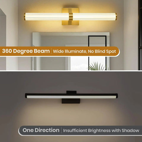 Gold Modern LED Chandelier Flush Mount With 4 Light Hanging Pendant Lighting Dining Room Kitchen Island Staircase Bedroom Living Room Easy Install 4000K Warm White Illumination Wow Worthy Centerpiece showcasing a wide illuminate beam compared to a single direction beam.