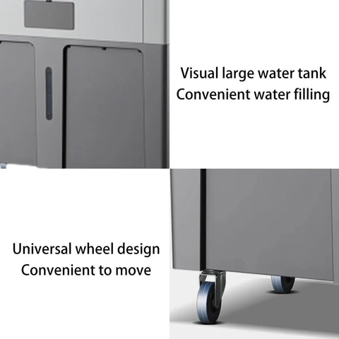 Portable Evaporative Swamp Cooler With Four Ice Cold Packs Three Whisper Quiet Fan Speeds And Sturdy Smooth Rollers, large water tank and universal wheels for easy mobility.