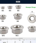 Tough As Nails 50 Pack M6 Flange Nuts With Smooth Washer Head Premium 304 Stainless Steel sizes displayed on ruler.