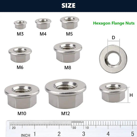 Tough As Nails 50 Pack M6 Flange Nuts With Smooth Washer Head Premium 304 Stainless Steel sizes displayed on ruler.