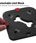 Top Shelf Aluminum Corner Radius Template Set R15 Through R50 Router Table Edge Shaper showing detachable limit block for precision cuts.
